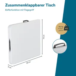 Zusammenklappbarer Tisch in weiß, zusammengeklappt mit Traggriff. Maße: 90 cm x 74 cm x 8 cm, Gewicht 10,5 kg.