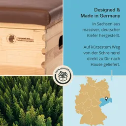 Holzkiste mit brauner Polsterung, Informationstext über die Herstellung in Deutschland, Karte Deutschlands und Waldansicht.