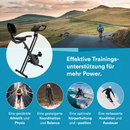 Fahrrad-Ergometer im Vordergrund, im Hintergrund eine Landschaft mit Radfahrer auf einer Straße. Text beschreibt Trainingseffekte.