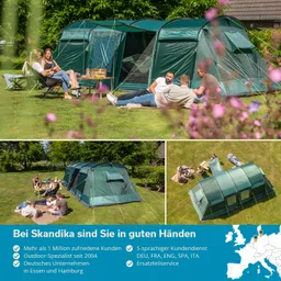Gruppenszene im Freien mit einem großen grünen Zelt, Stühlen und einer Picknickdecke. Personen sitzen und entspannen sich.