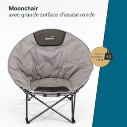 Moonchair mit runder Sitzfläche, grauem Bezug und schwarzem Untergestell. Belastbarkeit bis 150 kg.