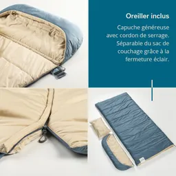 Schlafsack in Blau und Beige mit abnehmbarem Kopfteil und Kissen auf weißem Hintergrund. Teilweise offene Struktur sichtbar.