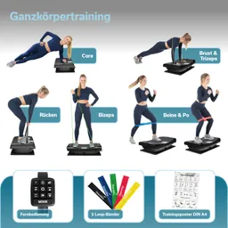 Bild zeigt Übungen für Ganzkörpertraining mit einem Vibrationsgerät. Darunter sind eine Fernbedienung, fünf Loop-Bänder und ein Trainingsposter.