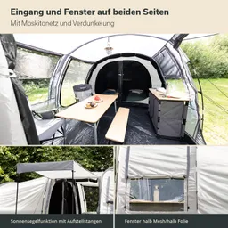 Zeltinneneinrichtung mit Tisch, Bänken und Campingstühlen. Fenster und Moskitonetz sichtbar. Draußen grünes Umfeld.