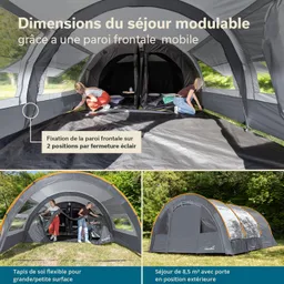 Zelt mit flexibler Bodenfläche und abnehmbarer Frontwand. Personen scheinen den Innenraum einzurichten. Naturkulisse im Hintergrund.