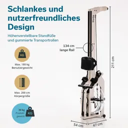Holzfarbenes Fitnessgerät mit verstellbaren Füßen und Transportrollen. Maße: 211 cm hoch, 54 cm breit, 47 cm tief. Maximales Benutzergewicht 180 kg, Körpergröße 200 cm.