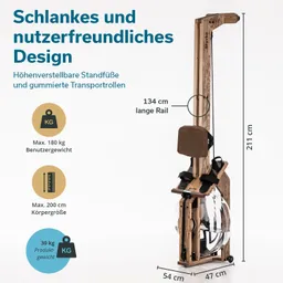 Rudermaschine mit Holzrahmen, transparentem Wasserbehälter und höhenverstellbaren Standfüßen. Maße und Gewicht angegeben.