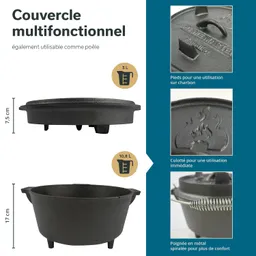 Multifunktionsdeckel aus Gusseisen mit zwei Ansichten. Oben: flach mit Füßen, Durchmesser 7,5 cm, darunter: tief mit einer Höhe von 17 cm.