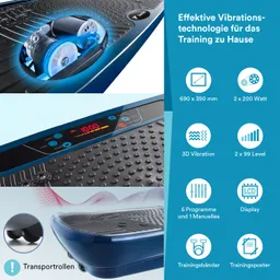 Vibrationsplatte mit blauem Design, Anzeige für Zeit und Modus, rutschfester Oberfläche und Transportrollen. Zubehör: Trainingsbänder und Poster.