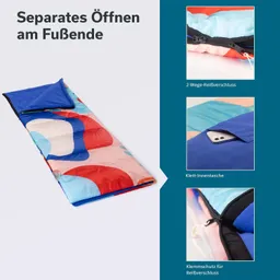 Schlafsack mit buntem Muster in Blau, Rot und Rosa. Details: 2-Wege-Reißverschluss, Klett-Innentasche und Klemmenschutz.