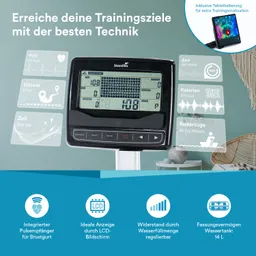 Display eines Rudergeräts mit LCD-Bildschirm. Informationen zu Puls, Distanz, Zeit, Kalorien und Ruderzügen sind sichtbar.