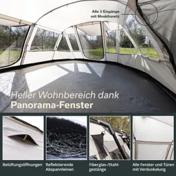 Zeltinneres mit hellen Wänden und Boden. Panorama-Fenster sichtbar, rund um Licht und Sicht. Zusätzliche Detailbilder zeigen Konstruktionselemente.