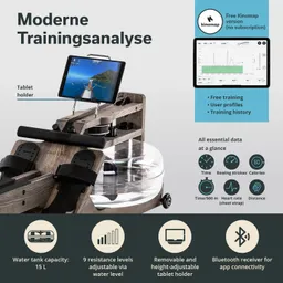 Holz-Rudergerät mit Wassertank, Tablet-Halter, Datenanzeige und Einstellmöglichkeiten für Widerstand.