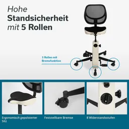 Schreibtischstuhl mit ergonomischem Sitz und Rückenteil. Fünf Rollen, davon drei mit Bremsfunktion. Zubehördetails abgebildet.