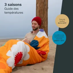 Eine Person sitzt am Strand, in eine farbenfrohe Decke gewickelt, und liest ein Buch. Im Hintergrund sind eine Holzsäule und ein nebliger Himmel sichtbar.