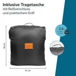 Schwarze Tragetasche mit Reißverschluss, praktischem Griff und orangener Markenlabel. Maße: 49 cm x 41 cm, Gewicht 2,0 kg.
