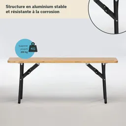 Ein stabiler Tisch mit einer Holzplatte und schwarzen Aluminiumbeinen. Auf der linken Seite ist eine Gewichtsinformation zu sehen.