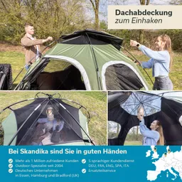 Zwei Personen befestigen eine Dachabdeckung an einem grünen Zelt im Freien. Bäume im Hintergrund. Innenansicht zeigt eine Lampe.