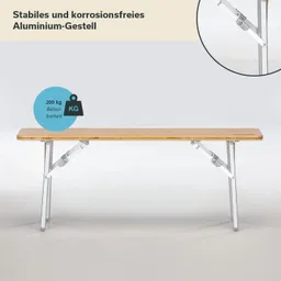 Aluminium-Gestell mit einer Holzfläche, stabil und leicht. In der Ecke ein Symbol mit 200 kg Belastbarkeit.