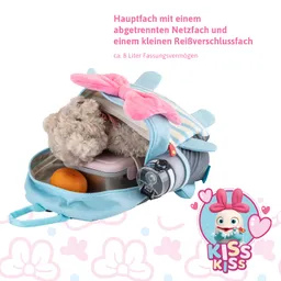 Ein Rucksack mit einem Teddy, einer orangefarbenen Frucht, einer Lunchbox und einer Trinkflasche im Hauptfach.