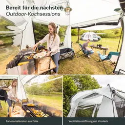 Zwei Personen in einem Zeltbereich, eine Person kocht mit einem Grill, im Hintergrund Tische und Stühle im Freien.