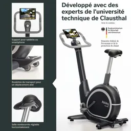 Fahrradtrainer mit Tablet- oder Smartphone-Halterung, Transportrollen und horizontal verstellbarem Sattel.