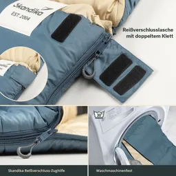Schlafsack in Blau mit beigem Innenfutter, Reißverschluss und Klettverschlusslasche. Waschmaschinenfest, 30 Grad.