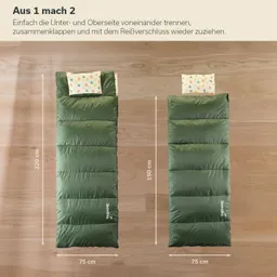 Zwei Schlafsäcke in grün, einer zusammengerollt mit Kissen, der andere entfaltet. Maße: 220 cm und 190 cm lang, 75 cm breit.