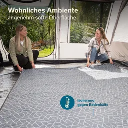 Zwei Personen legen eine geflochtene Matte in einem Zelt aus. Helles, grünes Umfeld mit Sonne.