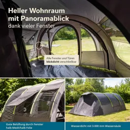Zelt mit vielen Fenstern, die eine helle Innenansicht ermöglichen. Außenansicht zeigt ein großes, wasserdichtes Zelt.