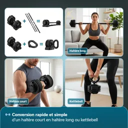 Kombination von Gewichtheben und Fitnessgeräten, einschließlich Kurzhanteln, Langhantel und Kettlebell, mit Anleitungen.