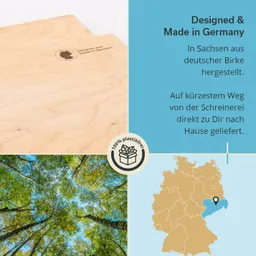 Holzplatte aus deutscher Birke, Text und Grafiken über nachhaltige Herstellung, Lieferinfo und Karte Deutschlands.
