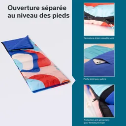 Schlafsack mit buntem Muster in Rot, Blau und Rosa, detailiert mit herausnehmbaren Elementen und einer Innentasche.
