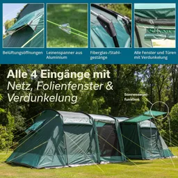 Grünes Zelt mit vier Eingängen, Fiberglas-/Stahlgestänge, Belüftungsöffnungen und Verdunkelungsfenstern in einer grünen Landschaft.