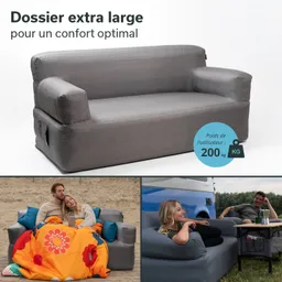 Grau gepolsterte Couch mit breiten Armlehnen, umgeben von drei Bildern, die eine gemütliche Nutzung im Freien zeigen.