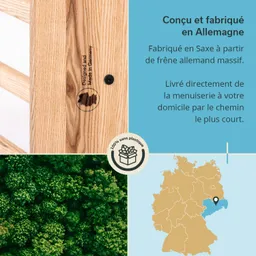 Holzstruktur mit einem Stempel „Designed and Made in Germany“. Text enthält Informationen über die Herkunft des Produkts, eine Karte von Deutschland und das Engagement für Plastikfreiheit.
