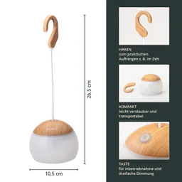 Lampenschirm in runder, weißer Form mit Holzoberfläche. Haken zum Aufhängen, Maße 26,5 cm Höhe, 10,5 cm Durchmesser.