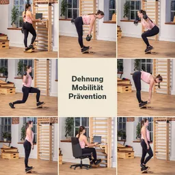 Collage mit sechs Bildern einer Person, die verschiedene Dehn- und Mobilitätsübungen ausführt. Beige Hintergrunds mit Text: "Dehnung Mobilität Prävention".
