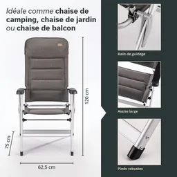 Grau Klappstuhl mit Rückenlehne, Maße 120 cm (H), 75 cm (B), 62,5 cm (T). Details zu Polsterung und Standfüßen.