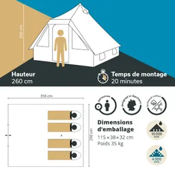 Zeltabmessungen und Montageinformationen. Zelt für vier Personen, Höhe 260 cm, Aufbauzeit 20 Minuten. Diagramm mit Maßen.