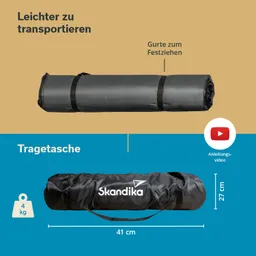 Schwarze Tragetasche für einen Campingartikel, abgerollt und mit Maßen. Beschriftungen zu Transport und Videoanleitung.