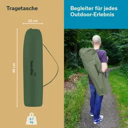 Grüne Tragetasche mit Maßen 23 cm x 88 cm, abgebildet auf der linken Seite. Rechts eine Person, die die Tasche auf dem Rücken trägt, im Wald.