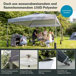 Faltzelt aus wasserabweisendem, flammhemmendem Polyester mit Stahltisch, Campingutensilien und mehreren Personen im Freien.