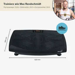 Schwarze Trainingsplattform mit einer rutschfesten Oberfläche, digitalen Anzeigen und Maßen von 620 mm x 360 mm.