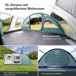 Zelt im Innenraum mit Panoramafenstern, grauem Boden und großen Türen, umgeben von Grünfläche und Bäumen.