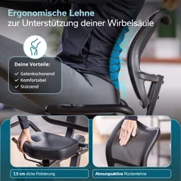 Ergonomischer Stuhl mit detaillierter Rückenlehne, gepolsterter Sitzfläche und funktionalen Elementen. Texte zu Vorteilen sind sichtbar.