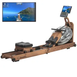 Wasser-Rudergerät aus Holz mit transparentem Wassertank und digitalem Display im Hintergrund ein Bildschirm mit Ruder-Szene.