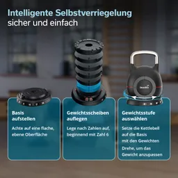 Anleitung zur Verwendung eines intelligenten Gewichtssystems. Drei Schritte zur Aktivierung: Basis aufstellen, Gewichtssscheiben auflegen, Gewicht auswählen.