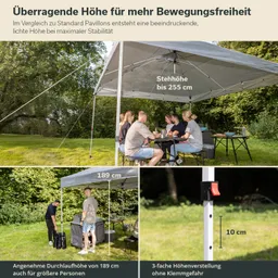 Ein Pavillon mit einer Höhe von bis zu 255 cm und einer Durchlaufhöhe von 189 cm steht auf einer Grünfläche. Unter dem Pavillon sitzen mehrere Personen an einem Tisch. In einer Ecke befindet sich eine Grillmöglichkeit.