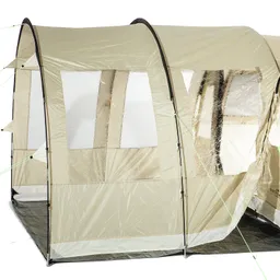 Zelt mit transparenten Fenstern, gestützt von schwarzen Stäben, auf einem dunklen Boden. Zeltfarbe ist beige.